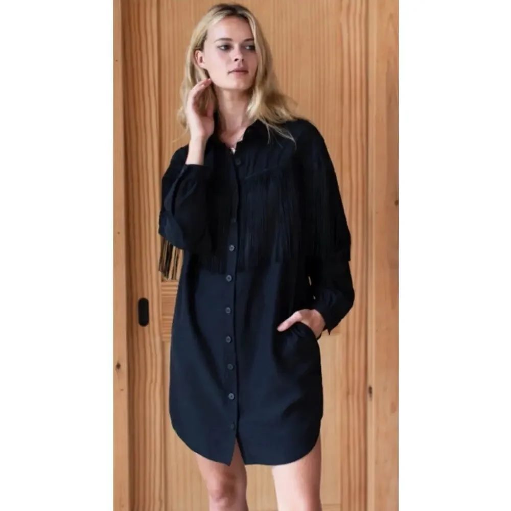 Emerson Fry Fringe Shirtdress In Black Tencel Button Front Pockets Size Small - Picture 1 of 15